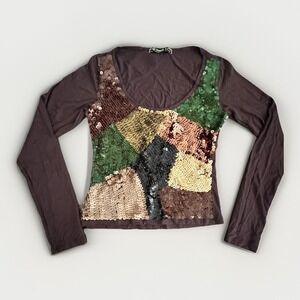 Y2K Sequin‎ Patchwork Top Womens M Fitted Brown Green Clubwear Forest Fairy Glam